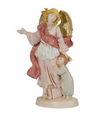 Ange Gardien avec un petit garçon (880C) coloration porcelaine, H 31 cm