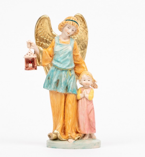 Ange Gardien avec une fillette (174R) coloration porcelaine, H 17 cm
