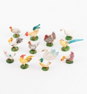 Poules et autres volailles pour crèche couleurs traditionelles 10 cm
