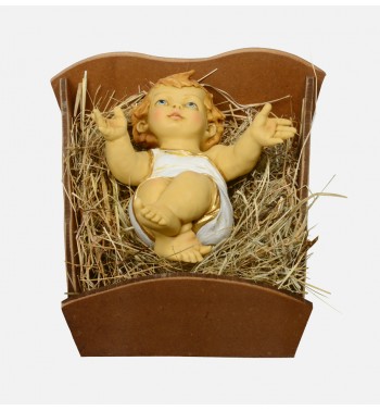 L’Enfant en résine et le berceau en bois pour crèche 85 cm